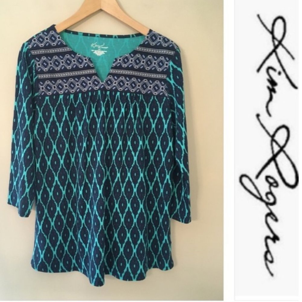 Kim Rogers 3/4 Length Sleeve Ikat Embroidered Top